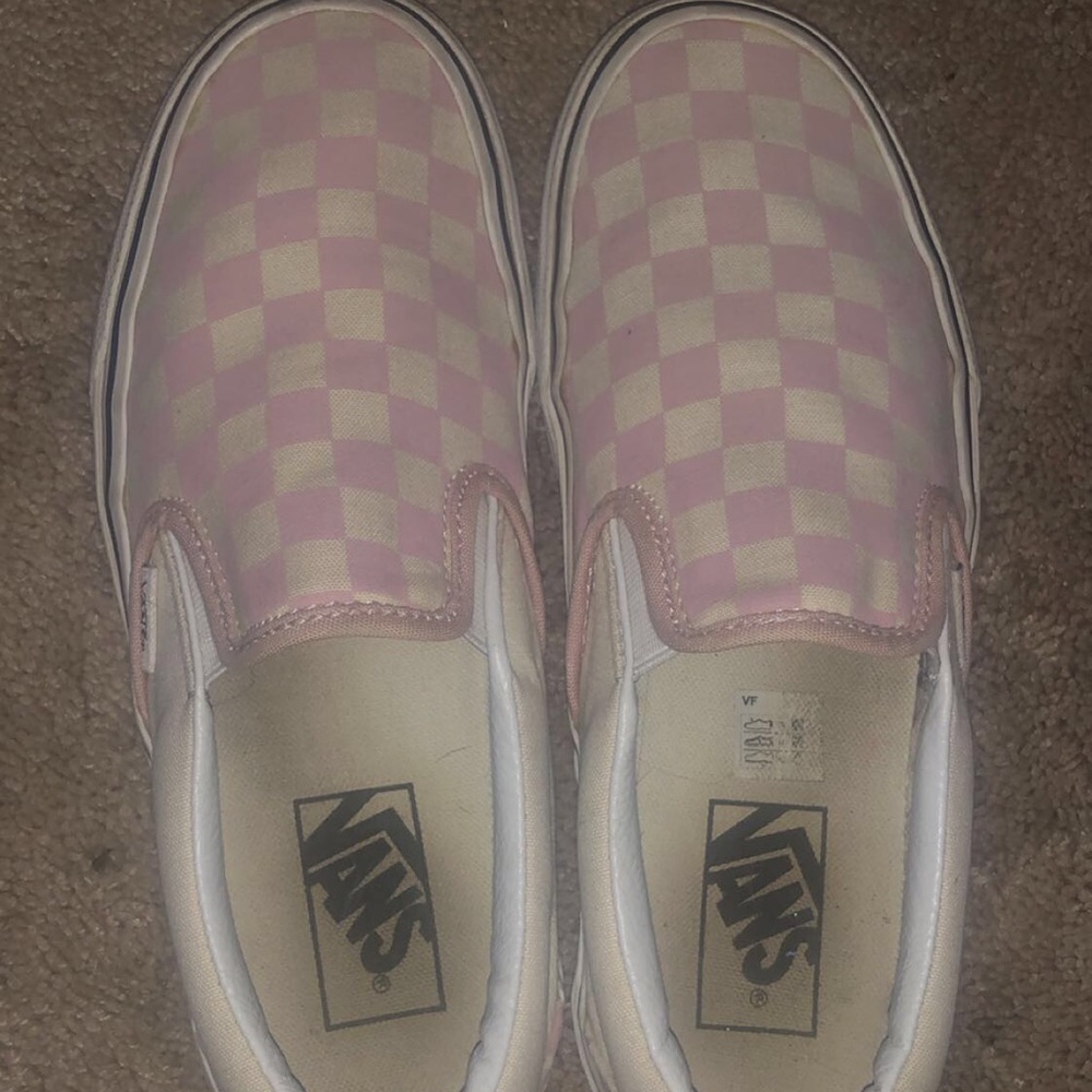 pink checkered slip on vans